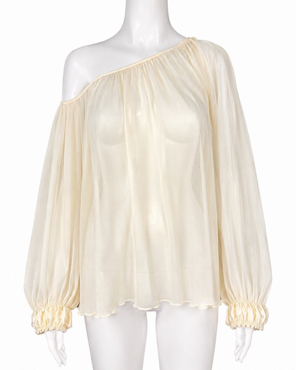A.B.S. Allen Schwartz 100% Silk Blouse M Ivory Sheer One Shoulder Balloon Sleeve